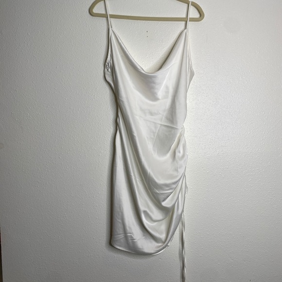 Sugar Thrillz Dresses & Skirts - Sugar Thrillz Women's XL White Satin Cowl Neck‎ Ruched Bodycon Mini Dress